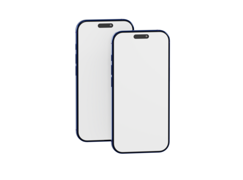 Two smartphones side by side with a clean white screen for mockups, technology and design themes. Modern gadget