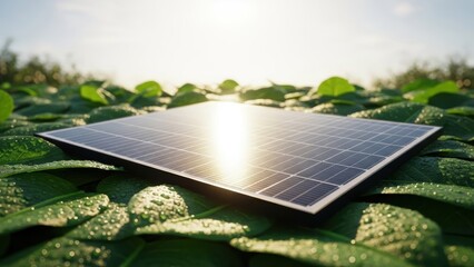 Renewable energy concept solar panel resting on lush green leaves covered in morning dew