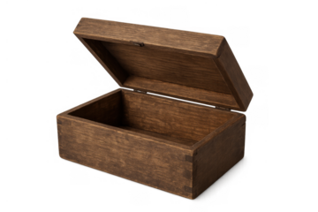 Wooden box opening, presenting an empty interior for content, storage, surprise, or treasure, with transparent background