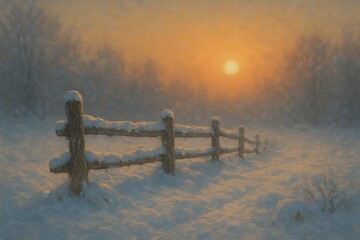 A rustic wooden fence partially buried in snow, with a hazy winter sunset in the background.