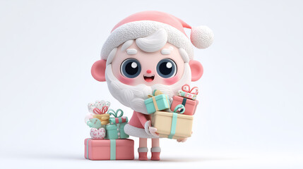 Cute pastel Santa character with big eyes and gift boxes on white background