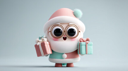 Cute pastel Santa character with big eyes and gift boxes on white background