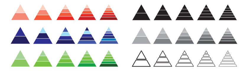 Fototapeta premium Six Levels of triangular pyramid icon set. Triangle hierarchy data segments collection. Development level infographic. Business graph.