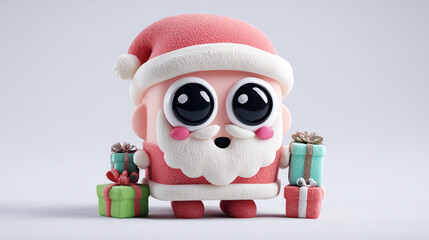 Cute pastel Santa character with big eyes and gift boxes on white background