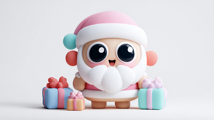Cute pastel Santa character with big eyes and gift boxes on white background