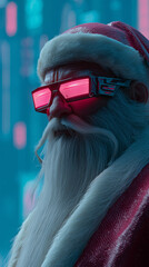 Cyberpunk Santa Claus with neon glasses in a futuristic glowing cityscape