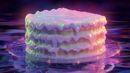 Neon holographic cake slice with glowing icing and berries
