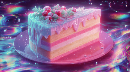 Neon holographic cake slice with glowing icing and berries