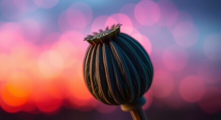 Vibrant Poppy Seed Pod Against Colorful Sunset Bokeh Background