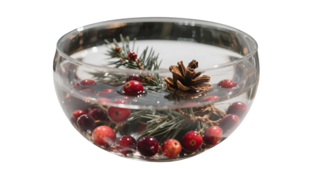 A clear glass bowl filled with floating Christmas potpourri (pine, berries, spices)