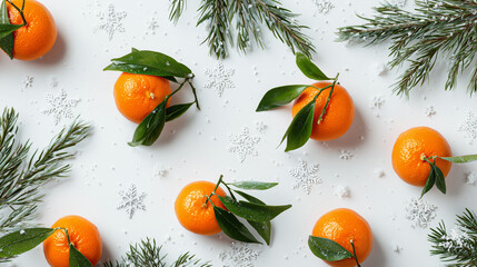 Fresh mandarins with green leaves and fir branches on snowy white Christmas background