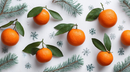 Fresh mandarins with green leaves and fir branches on snowy white Christmas background