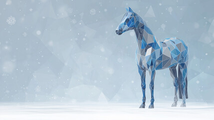 Blue geometric polygon horse in winter snow, low-poly icy Christmas illustration