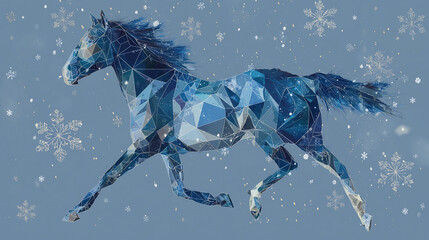 Blue geometric polygon horse in winter snow, low-poly icy Christmas illustration