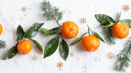Fresh mandarins with green leaves and fir branches on snowy white Christmas background