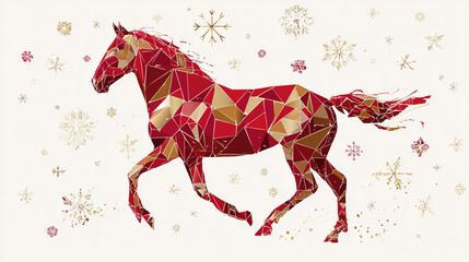 Geometric red horse illustration with winter snowflakes, modern polygon Christmas design