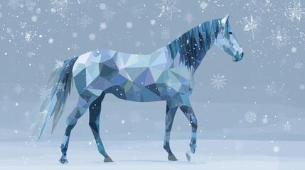 Blue geometric polygon horse in winter snow, low-poly icy Christmas illustration