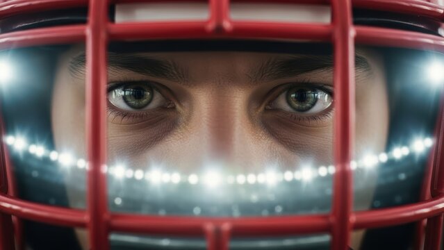 Intense close up of athlete eyes framed by red football helmet facemask under stadium lights - Powered by Adobe