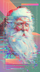 Glitch-style Santa Claus portrait with vibrant neon distortion