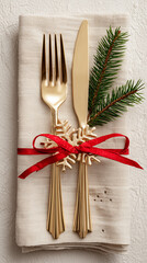 Elegant Christmas table setting with gold cutlery, red ribbon and pine branch