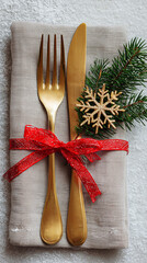 Elegant Christmas table setting with gold cutlery, red ribbon and pine branch