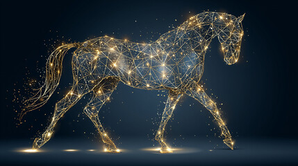 Golden polygonal horse walking on dark background, glowing low-poly design