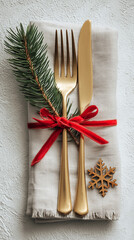 Elegant Christmas table setting with gold cutlery, red ribbon and pine branch