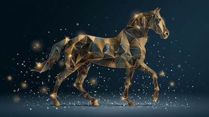 Golden polygonal horse walking on dark background, glowing low-poly design