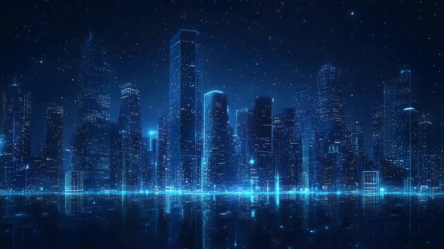 An abstract modern city skyline animation with a connected wireframe poly line network overlay for futuristic technology and global communication concepts. Night scene with reflective water surface.