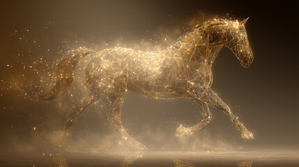 Golden polygonal horse made of glowing particles on dark background
