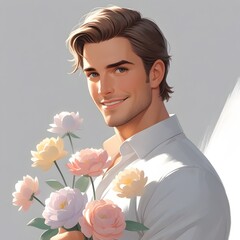 Romantic fan art portrait of Jonathan Bailey holding elegant flowers on a clean white background in minimalist modern illustration style