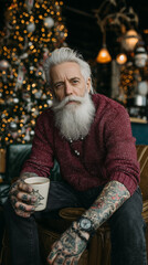 Bearded tattooed man in casual clothes sitting with a drink in a cozy Christmas setting