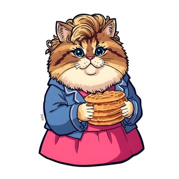 Cute cat dressed as Eleven from Stranger Things holding Eggo waffles on a clean white background in playful humorous fan art style