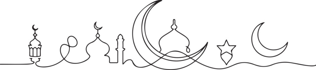 Moon continuous one line art drawing of Ramadan Kareem and Eid in outline vector illustration. one line Icon drawing