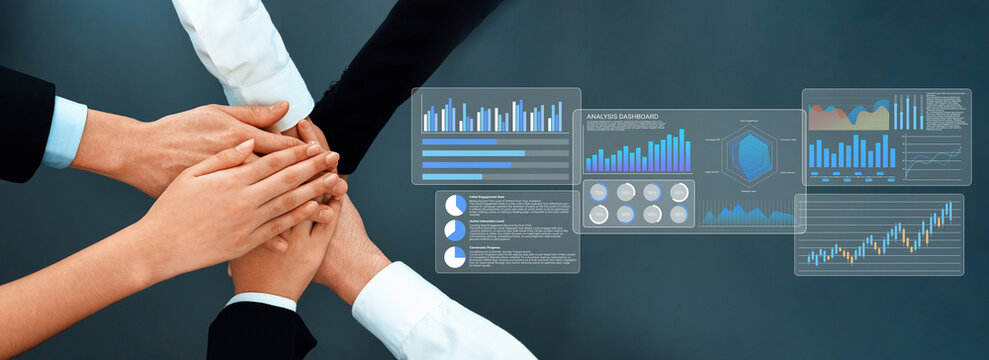 A powerful image showcasing teamwork, where diverse hands come together over digital data visualizations that signify growth and strategic success in business. Gantry