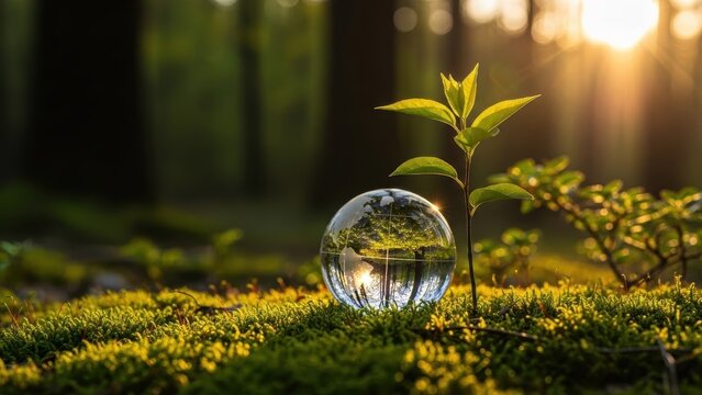 Glass globe and green seedling growing in mossy forest floor at sunset symbolizing nature conservation - Powered by Adobe