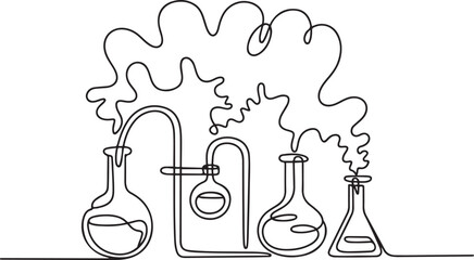 Chemistry retorts equipment with wavy smoke. Education concept. Continuous one line drawing. Doodle vector illustration. one line Icon drawing