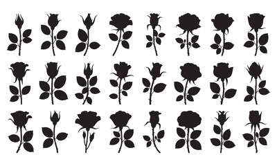 Collection of elegant black rose silhouettes in various stages of bloom and bud perfect for graphic design and floral illustrations silhouette