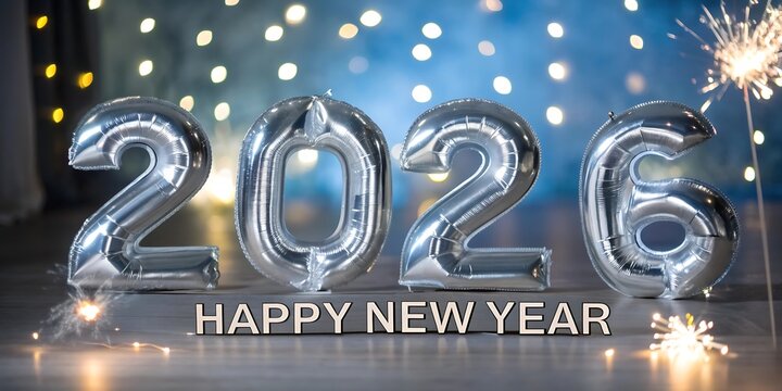 Sparkling silver 2026 balloons and fireworks celebrate the joyful arrival of the new year with festive lights