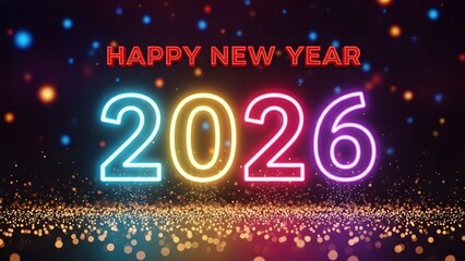 Vibrant Happy New Year 2026 celebration background with glowing neon lights and sparkling confetti for festive greetings and holiday promotions