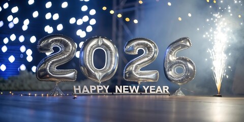 Sparkling new year s eve celebration with giant silver 2026 balloons and festive fireworks display