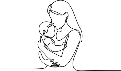 Woman hold her baby. Mothers Day line art. Solid line, continuous one line drawing. Mother holding her baby . Continuous line art vector. one line Icon drawing