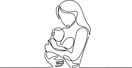 Woman hold her baby. Mothers Day line art. Solid line, continuous one line drawing. Mother holding her baby . Continuous line art vector. one line Icon drawing