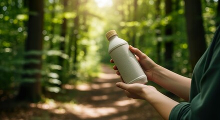 Person holding eco friendly bottle in forest