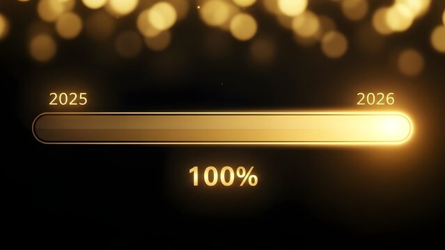 Luxury Golden Loading Bar from 2025 to 2026 &ndash; Full 100% Progress New Year Countdown with Bokeh Light Particles