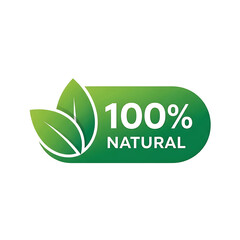 Green 100% natural product label with leaves for organic food, eco-friendly, and healthy living