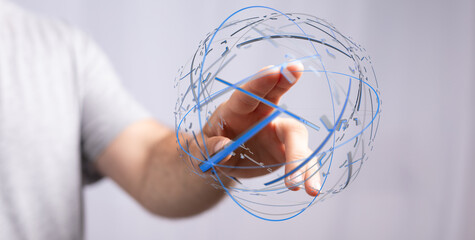Hand touching a futuristic, abstract globe, representing global connection, technology, and innovation. Perfect for illustrating ideas of networ
