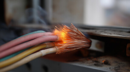 Electrical fire causing dangerous sparks and smoke emission, fire hazard emergency, electrical system failure, residential safety threat, immediate danger situation, fire preventio