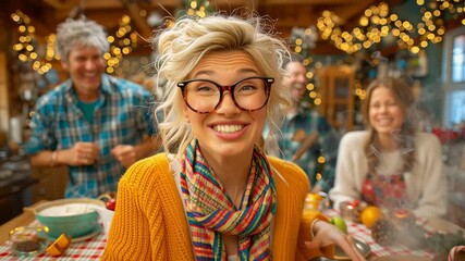 Young blonde caucasian woman in oversized glasses holding steaming tray of homemade cookies in cozy christmas kitchen with laughing family bokeh, humorous holiday baking chaos concept