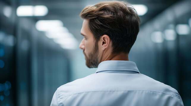 Faceless manager in server hub overseeing workers using computer, firewall misconfiguration detection, defocused background, systems bottleneck checking, sluggish data transfer tro